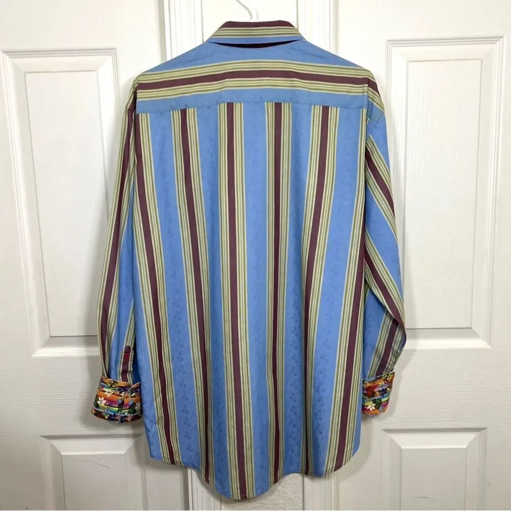 Robert Graham Button Down Shirt Flip Cuff Blue Green Striped Retro Size L